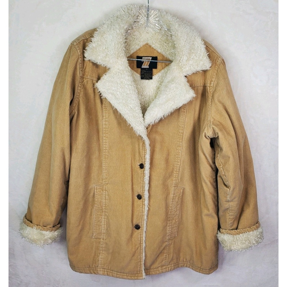 Vtg Seventy Seven Sherpa Corduroy Jacket Chore Coat Women's 1X TAN Button Barn